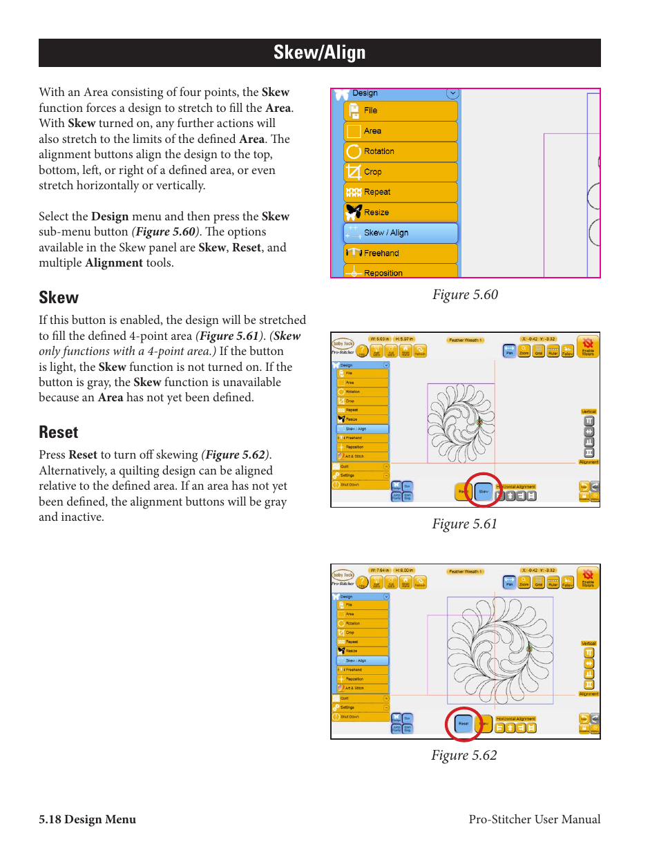 Skew/align, Skew, Reset | Baby Lock ProStitcher Version 14.04.0051 (BLPS2) Instruction and Reference Guide User Manual | Page 45 / 75