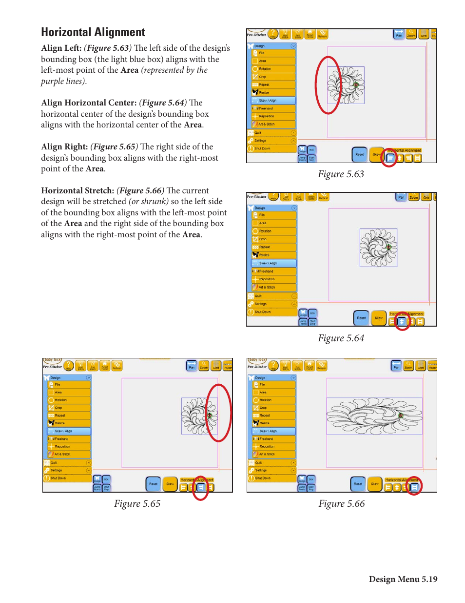 Horizontal alignment | Baby Lock ProStitcher Version 14.04.0051 (BLPS2) Instruction and Reference Guide User Manual | Page 46 / 75