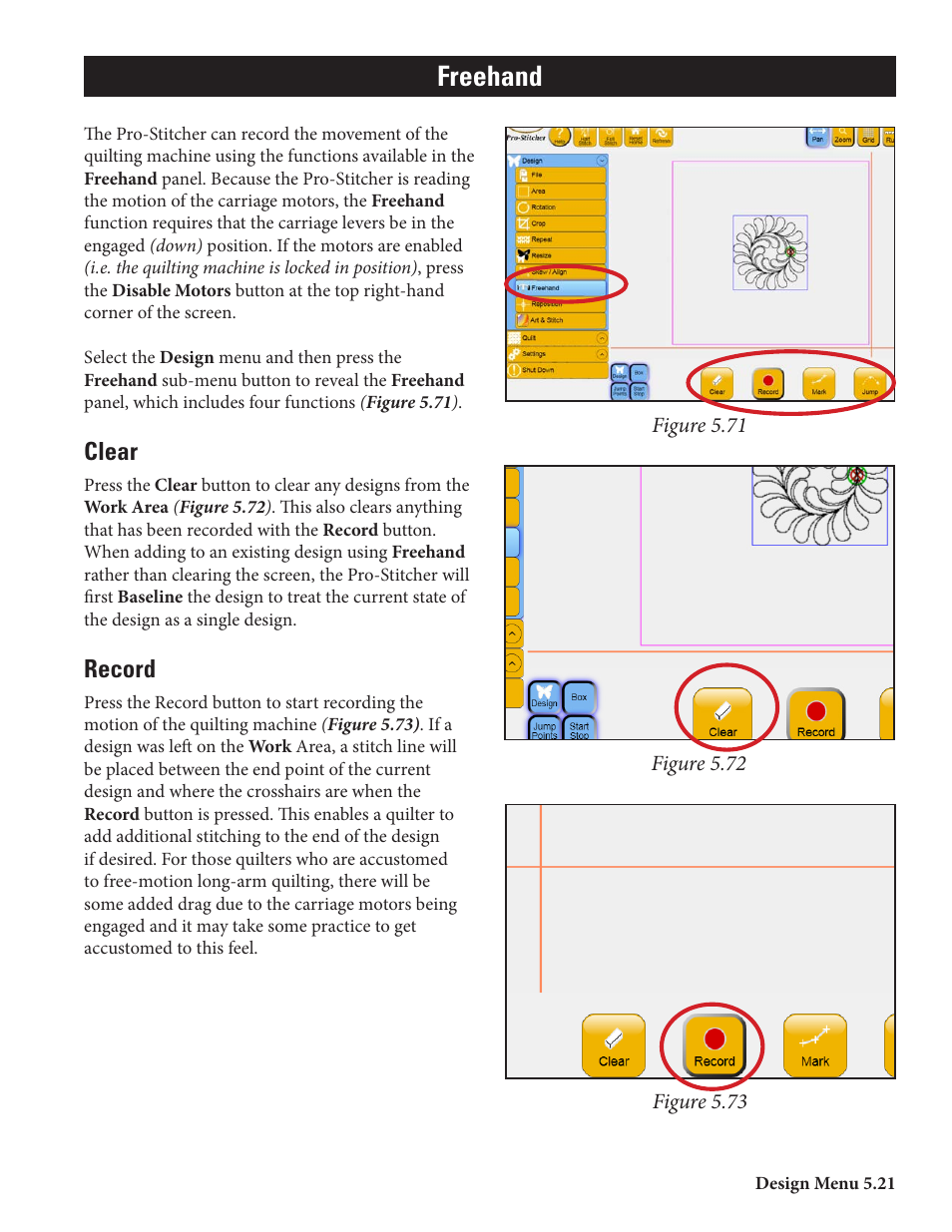Freehand, Clear, Record | Baby Lock ProStitcher Version 14.04.0051 (BLPS2) Instruction and Reference Guide User Manual | Page 48 / 75