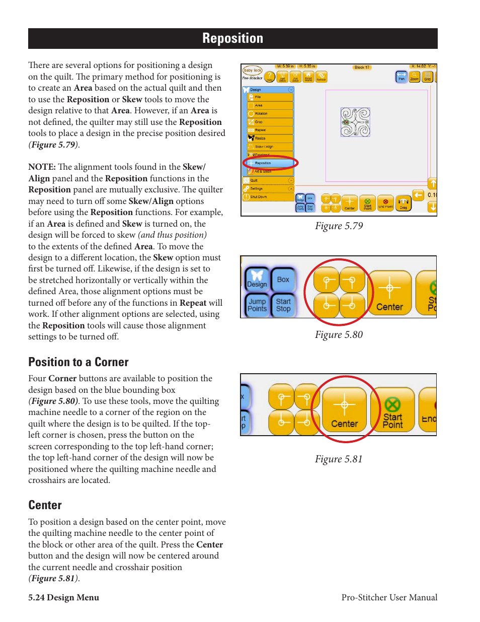 Reposition, Position to a corner, Center | Baby Lock ProStitcher Version 14.04.0051 (BLPS2) Instruction and Reference Guide User Manual | Page 51 / 75