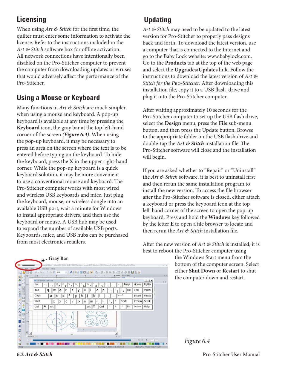 Licensing, Using a mouse or keyboard, Updating | Baby Lock ProStitcher Version 14.04.0051 (BLPS2) Instruction and Reference Guide User Manual | Page 55 / 75