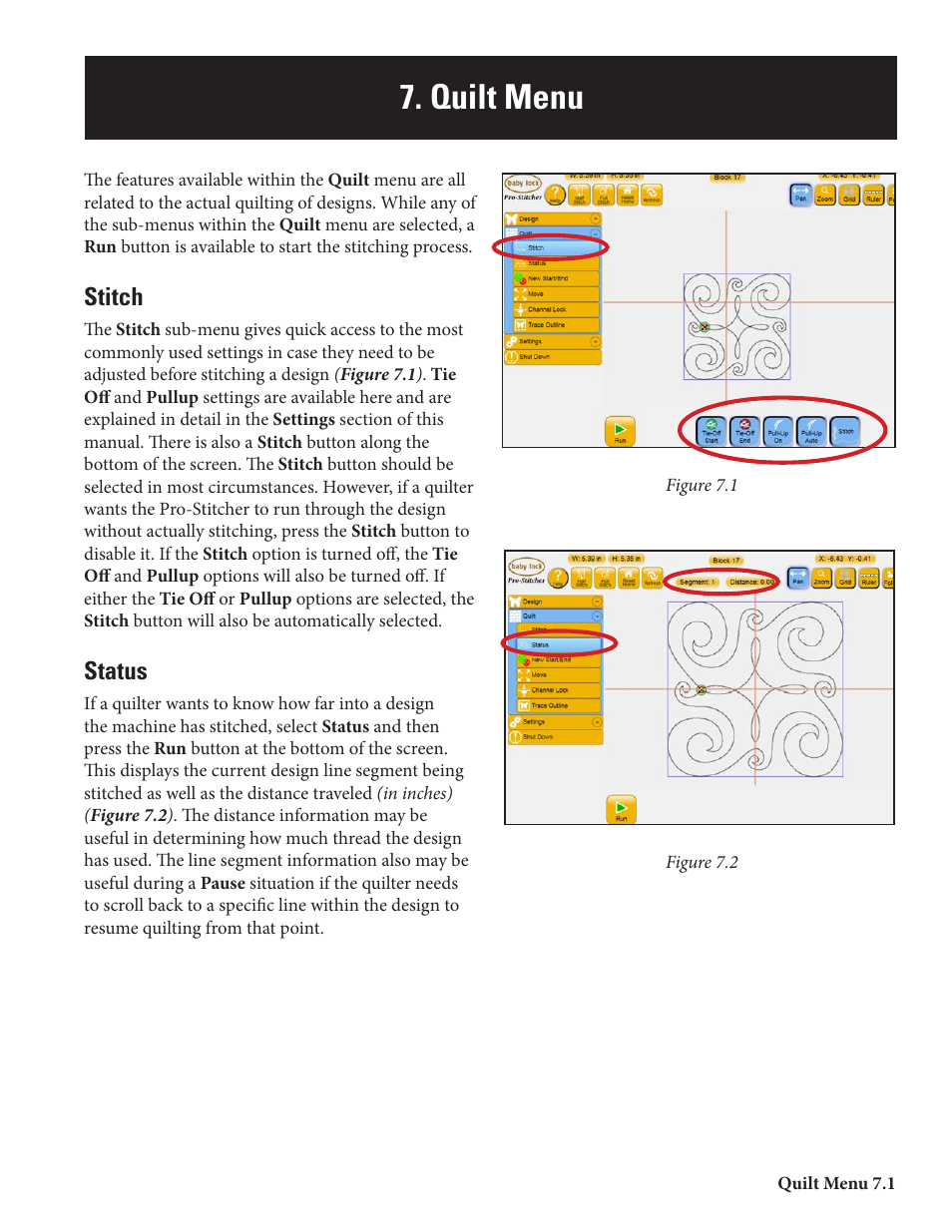 Prostitcher 07_quilt menu print 10-05-2012, Quilt menu, Stitch | Status | Baby Lock ProStitcher Version 14.04.0051 (BLPS2) Instruction and Reference Guide User Manual | Page 56 / 75