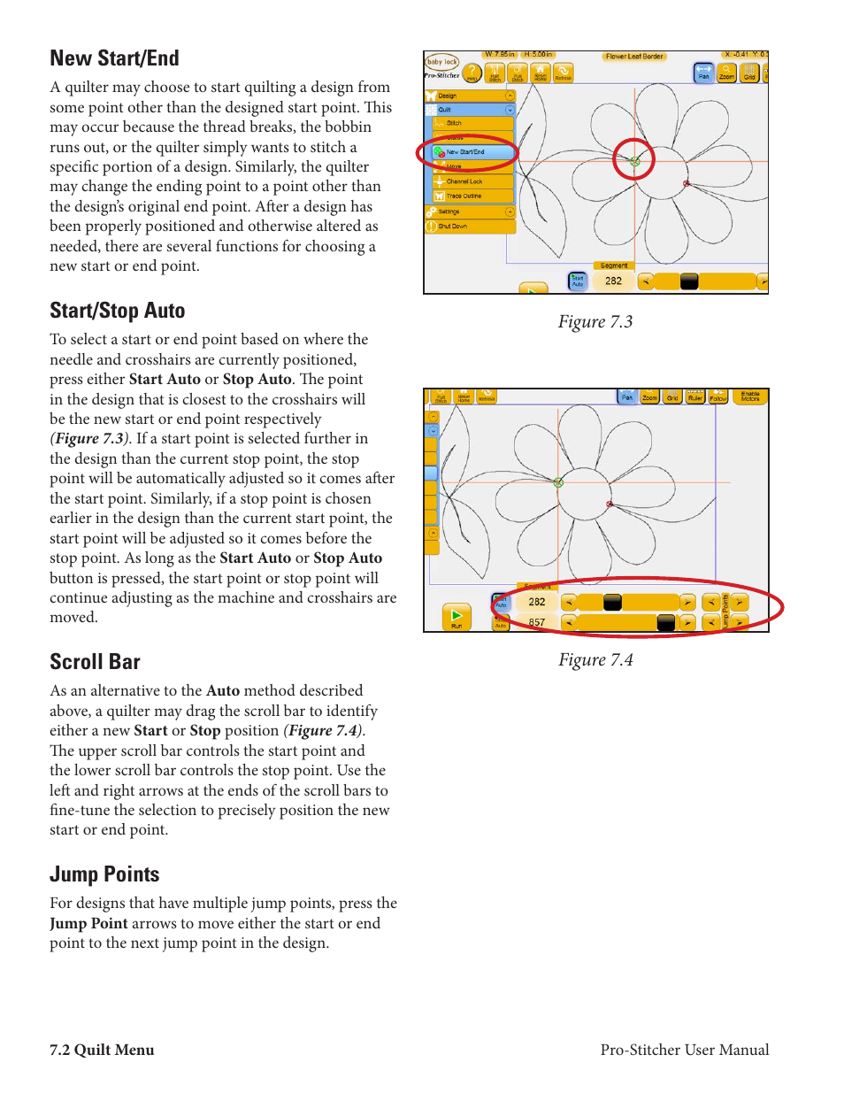 New start/end, Start/stop auto, Scroll bar | Jump points | Baby Lock ProStitcher Version 14.04.0051 (BLPS2) Instruction and Reference Guide User Manual | Page 57 / 75