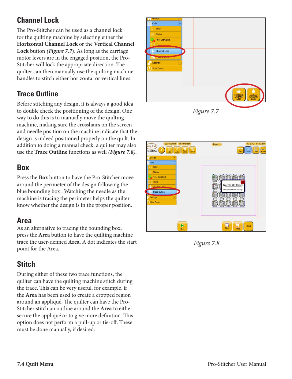 Channel lock, Trace outline, Area | Stitch | Baby Lock ProStitcher Version 14.04.0051 (BLPS2) Instruction and Reference Guide User Manual | Page 59 / 75