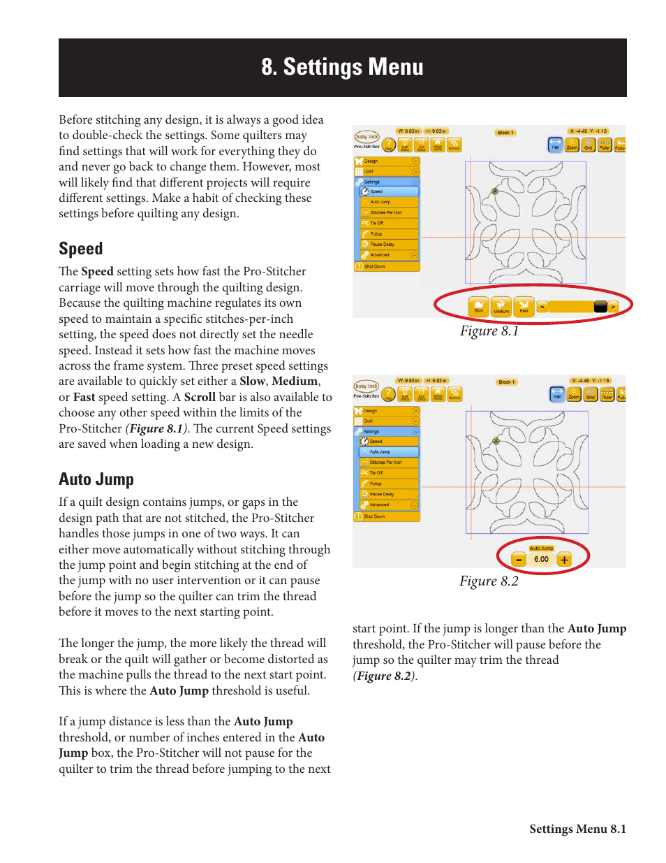 Prostitcher 08_ setting menu print 10-04-12, Settings menu, Speed | Auto jump | Baby Lock ProStitcher Version 14.04.0051 (BLPS2) Instruction and Reference Guide User Manual | Page 63 / 75