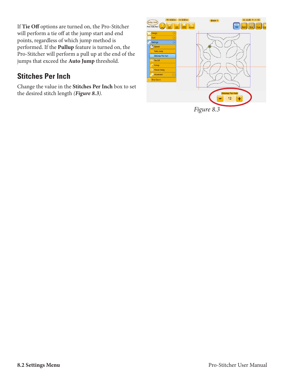 Stitches per inch | Baby Lock ProStitcher Version 14.04.0051 (BLPS2) Instruction and Reference Guide User Manual | Page 64 / 75