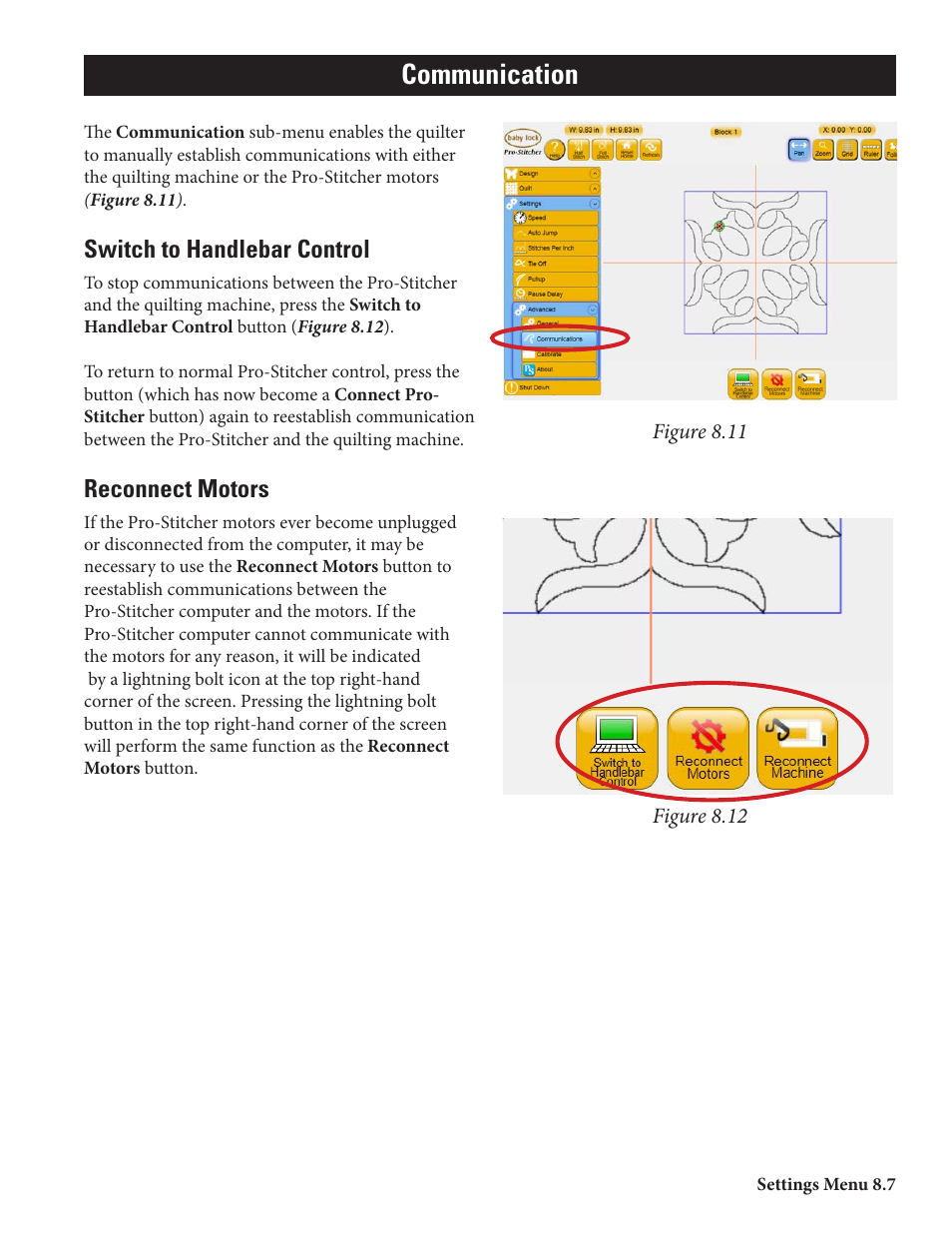 Communication, Switch to handlebar control, Reconnect motors | Baby Lock ProStitcher Version 14.04.0051 (BLPS2) Instruction and Reference Guide User Manual | Page 69 / 75