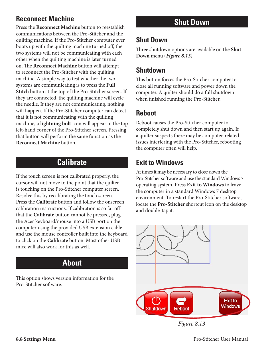 Shut down about, Calibrate, Reconnect machine | Shut down, Shutdown, Reboot, Exit to windows | Baby Lock ProStitcher Version 14.04.0051 (BLPS2) Instruction and Reference Guide User Manual | Page 70 / 75