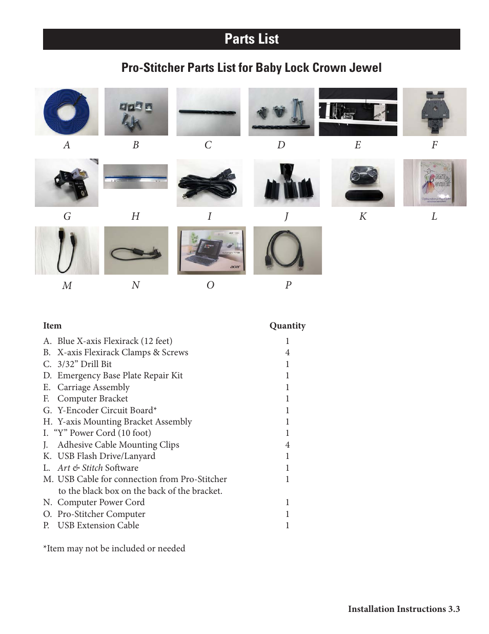 Parts list, Pro-stitcher parts list for baby lock crown jewel | Baby Lock ProStitcher Version 14.04.0051 (BLPS2) Instruction and Reference Guide User Manual | Page 8 / 75