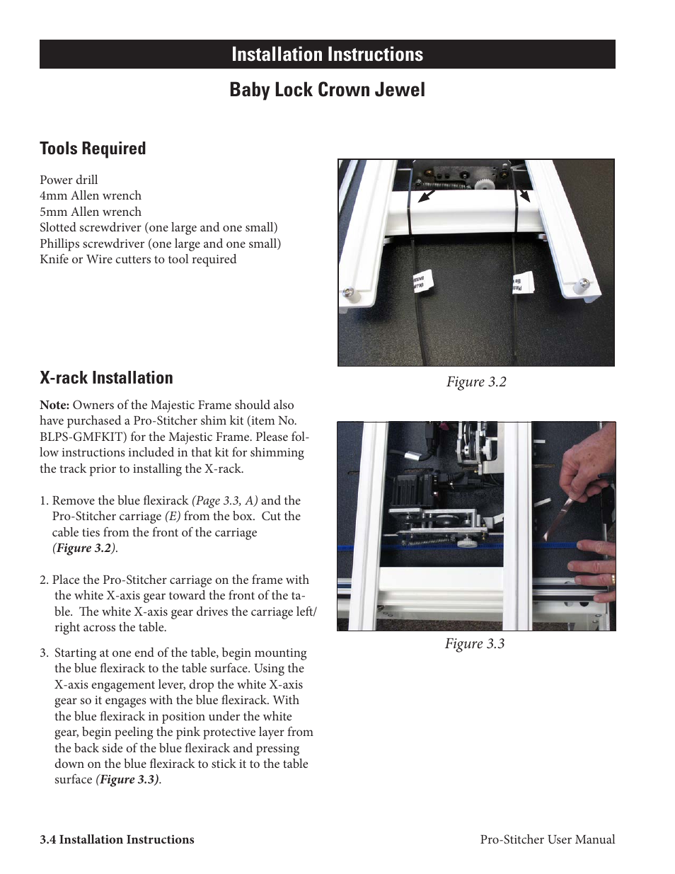 Baby lock crown jewel, Installation instructions, Tools required | X-rack installation | Baby Lock ProStitcher Version 14.04.0051 (BLPS2) Instruction and Reference Guide User Manual | Page 9 / 75