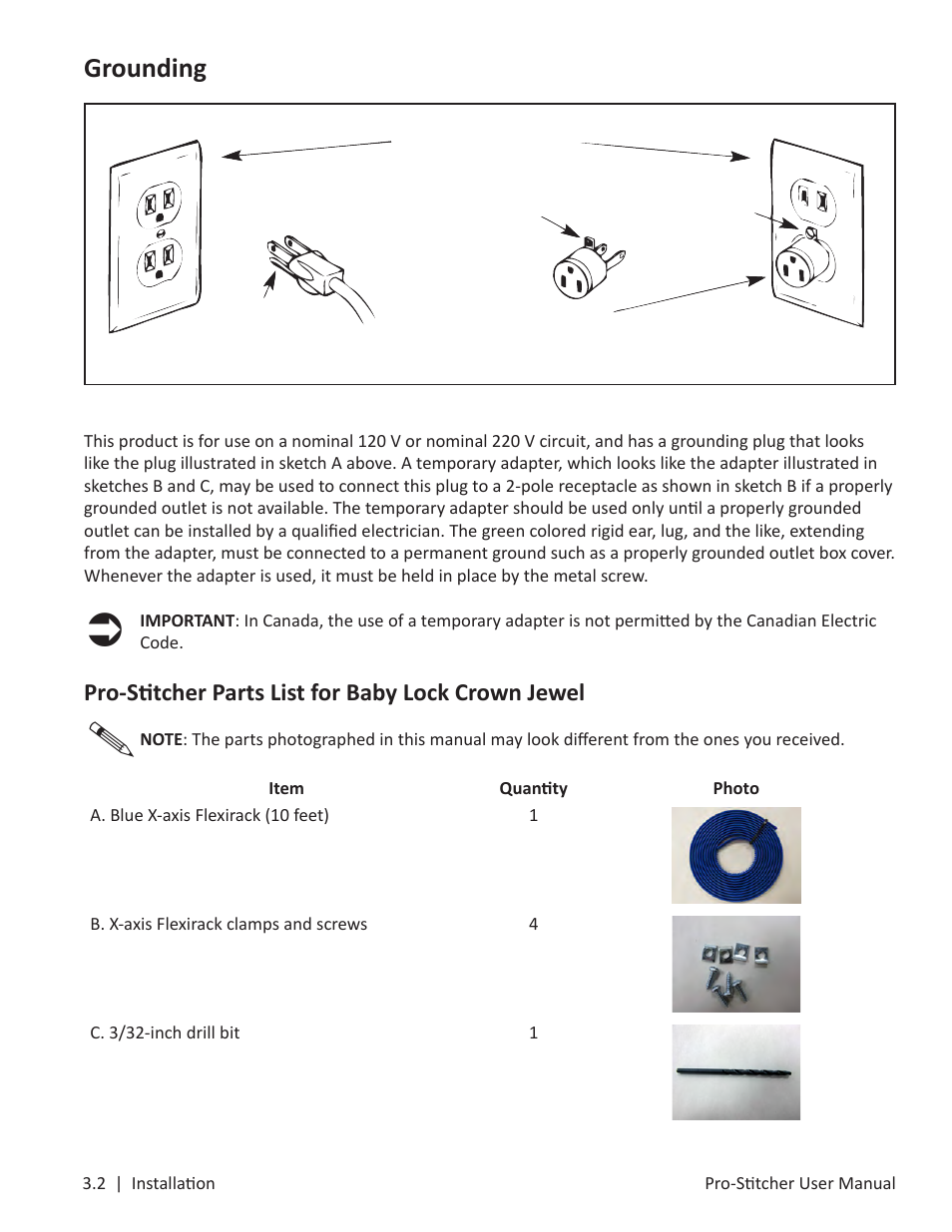 Grounding, Pro-stitcher parts list for baby lock crown jewel | Baby Lock ProStitcher Version 14.04.0051 (BLPS3) Instruction and Reference Guide User Manual | Page 10 / 97