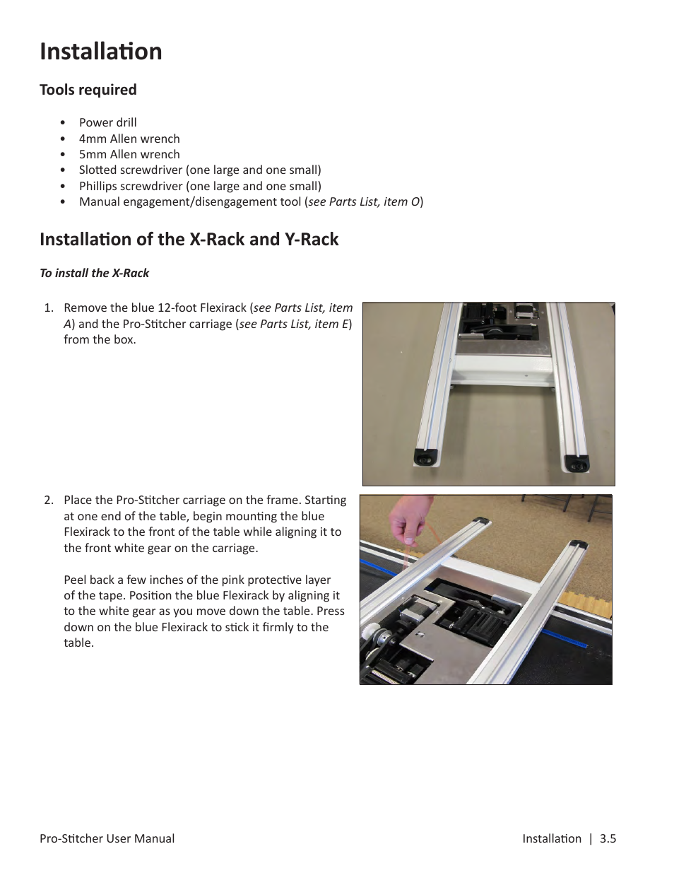 Installation, Installation of the x-rack and y-rack, Tools required | Baby Lock ProStitcher Version 14.04.0051 (BLPS3) Instruction and Reference Guide User Manual | Page 13 / 97