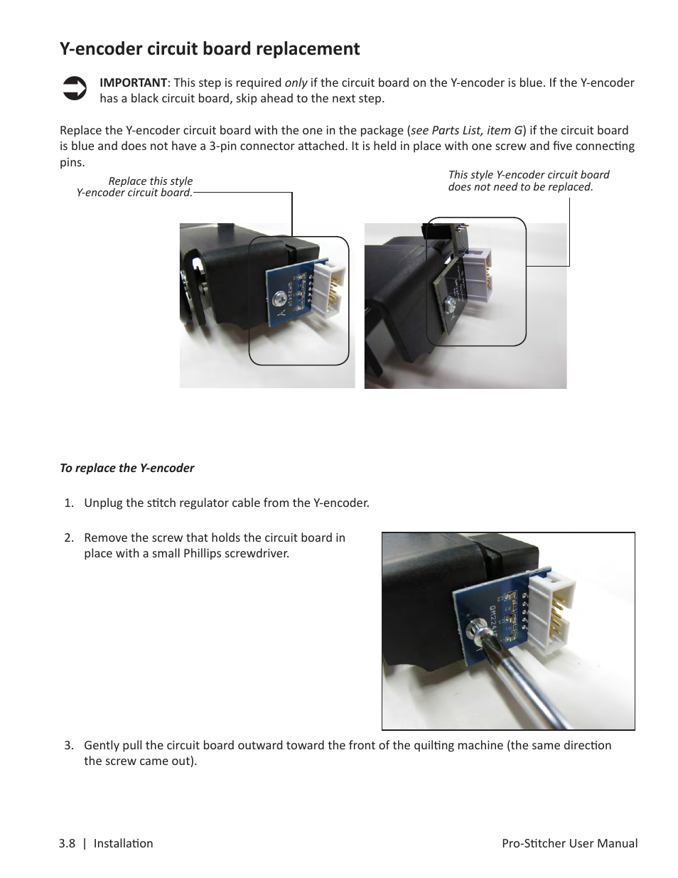 Y-encoder circuit board replacement | Baby Lock ProStitcher Version 14.04.0051 (BLPS3) Instruction and Reference Guide User Manual | Page 16 / 97