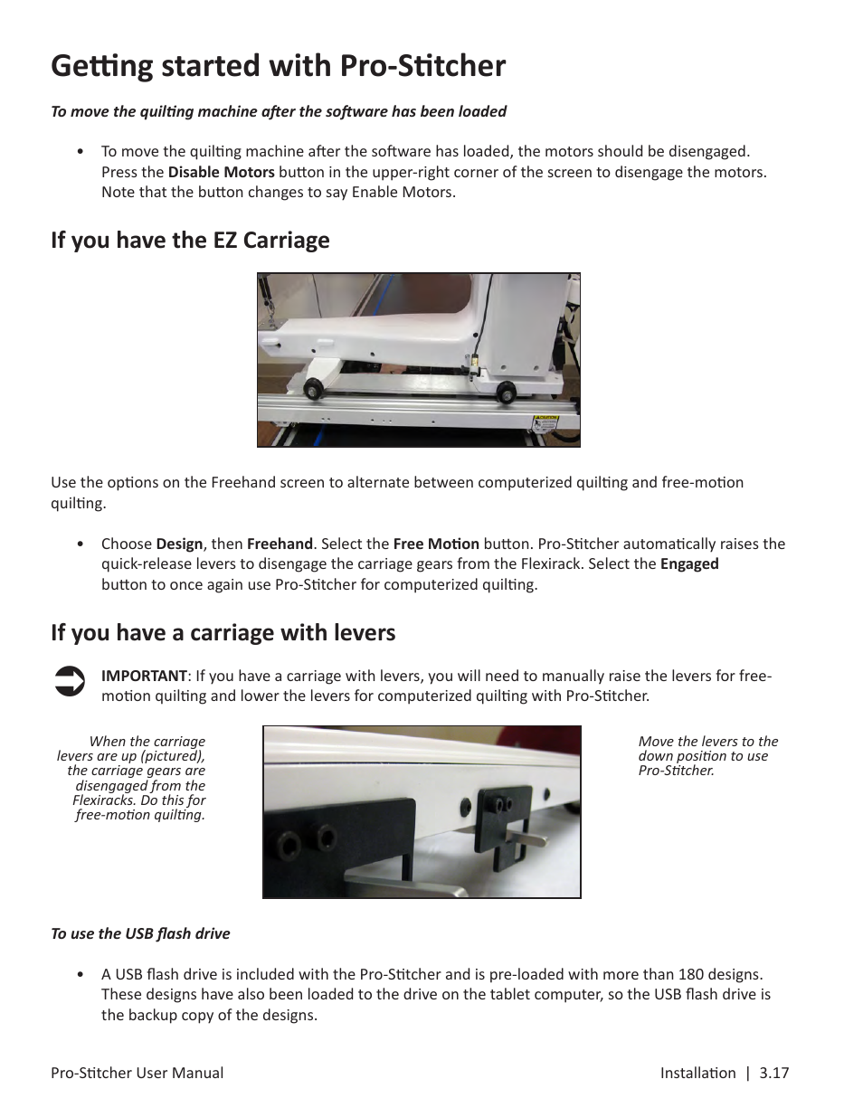 Getting started with pro-stitcher, If you have the ez carriage, If you have a carriage with levers | Baby Lock ProStitcher Version 14.04.0051 (BLPS3) Instruction and Reference Guide User Manual | Page 25 / 97
