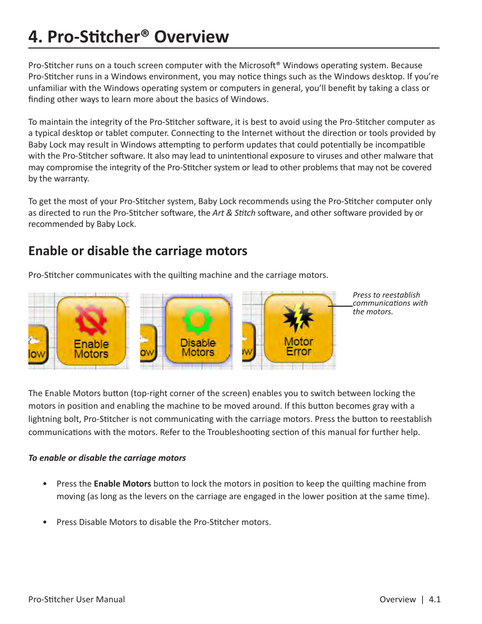 4 overview, Pro-stitcher® overview, Enable or disable the carriage motors | Baby Lock ProStitcher Version 14.04.0051 (BLPS3) Instruction and Reference Guide User Manual | Page 27 / 97