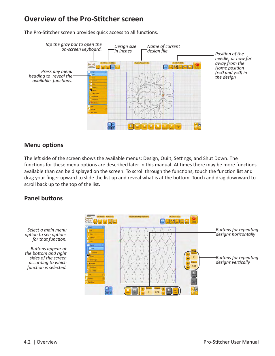 Overview of the pro-stitcher screen, Menu options, Panel buttons | Baby Lock ProStitcher Version 14.04.0051 (BLPS3) Instruction and Reference Guide User Manual | Page 28 / 97