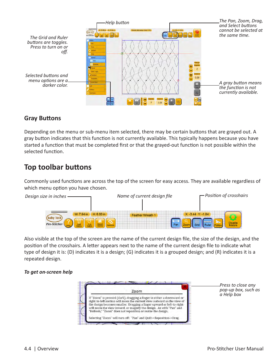 Top toolbar buttons, Gray buttons | Baby Lock ProStitcher Version 14.04.0051 (BLPS3) Instruction and Reference Guide User Manual | Page 30 / 97