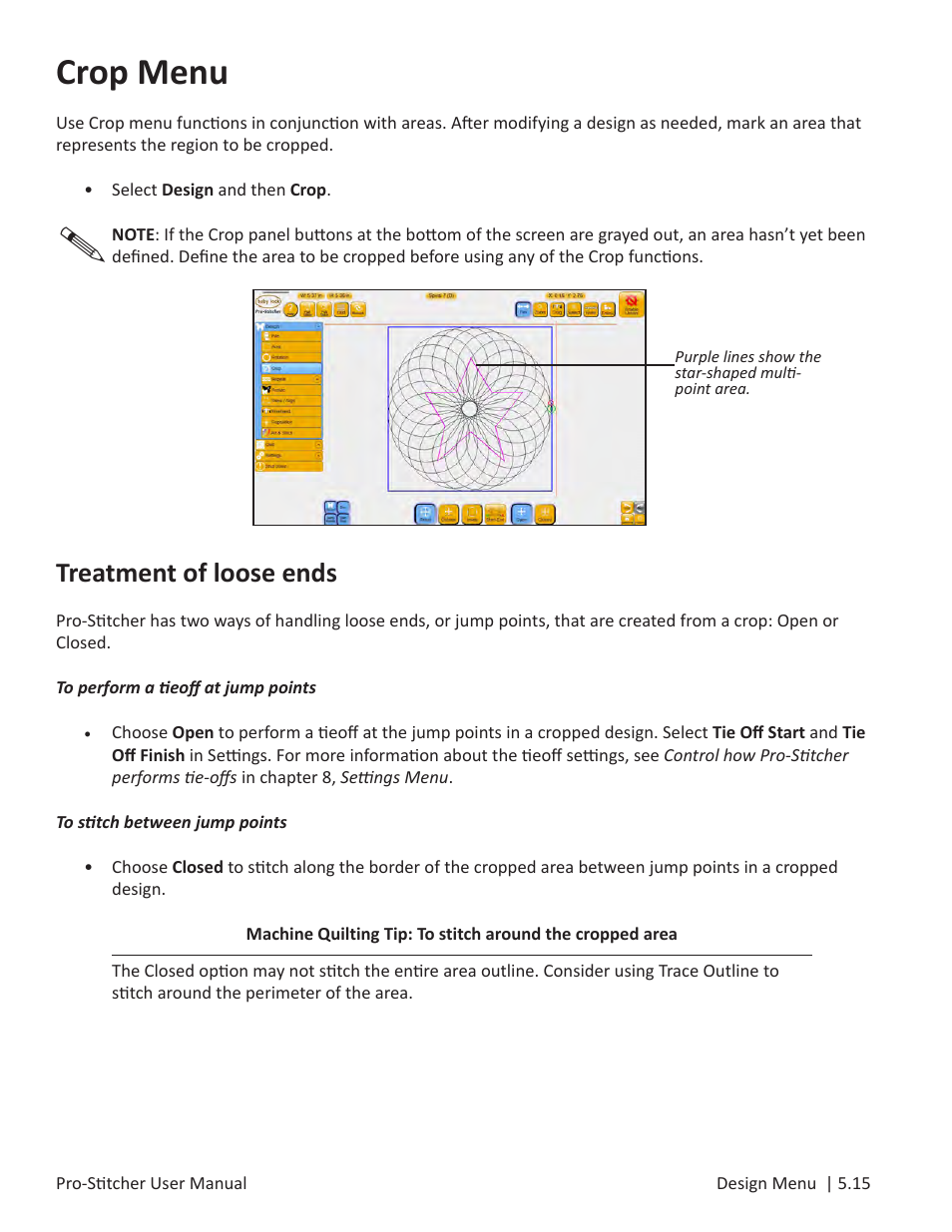 Crop menu, Treatment of loose ends | Baby Lock ProStitcher Version 14.04.0051 (BLPS3) Instruction and Reference Guide User Manual | Page 50 / 97