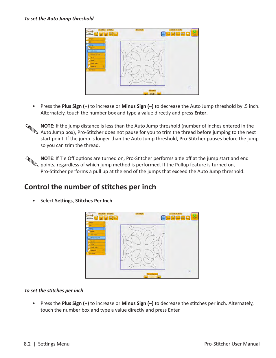 Control the number of stitches per inch | Baby Lock ProStitcher Version 14.04.0051 (BLPS3) Instruction and Reference Guide User Manual | Page 86 / 97