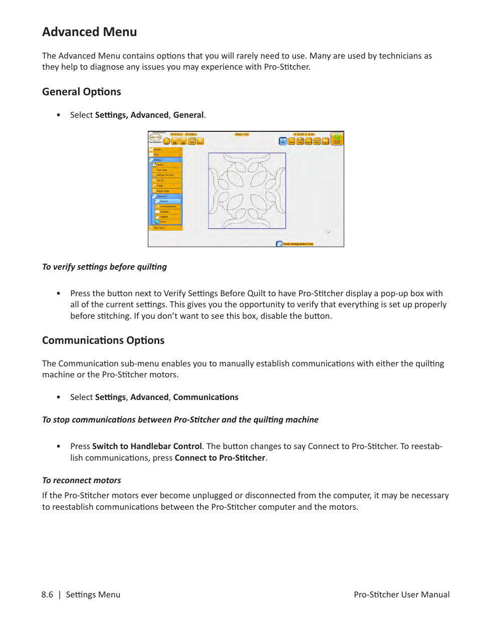 Advanced menu, General options, Communications options | Baby Lock ProStitcher Version 14.04.0051 (BLPS3) Instruction and Reference Guide User Manual | Page 90 / 97