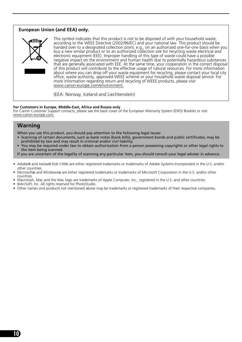 Warning | Canon CANOSCAN LIDE 600F User Manual | Page 11 / 73