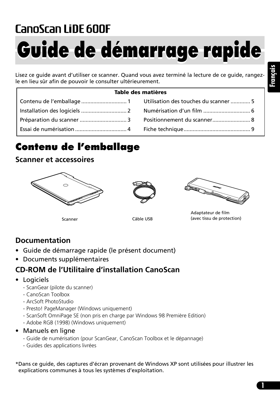 Guide de démarrage rapide, Contenu de l’emballage | Canon CANOSCAN LIDE 600F User Manual | Page 12 / 73