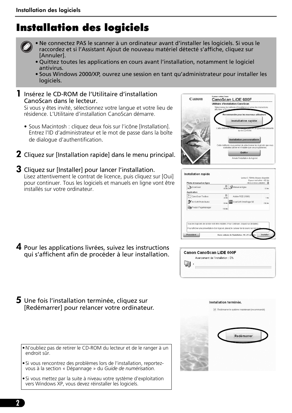 Installation des logiciels | Canon CANOSCAN LIDE 600F User Manual | Page 13 / 73