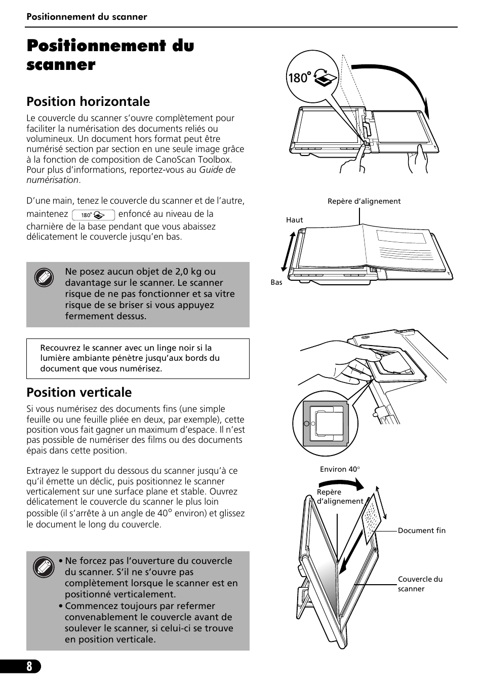 Positionnement du scanner, Position horizontale, Position verticale | Canon CANOSCAN LIDE 600F User Manual | Page 19 / 73