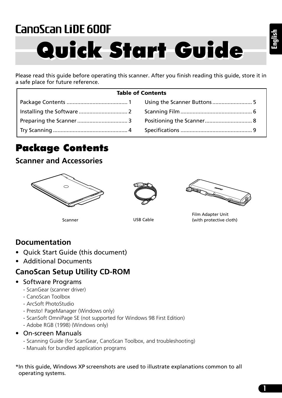 Quick start guide, Package contents | Canon CANOSCAN LIDE 600F User Manual | Page 2 / 73