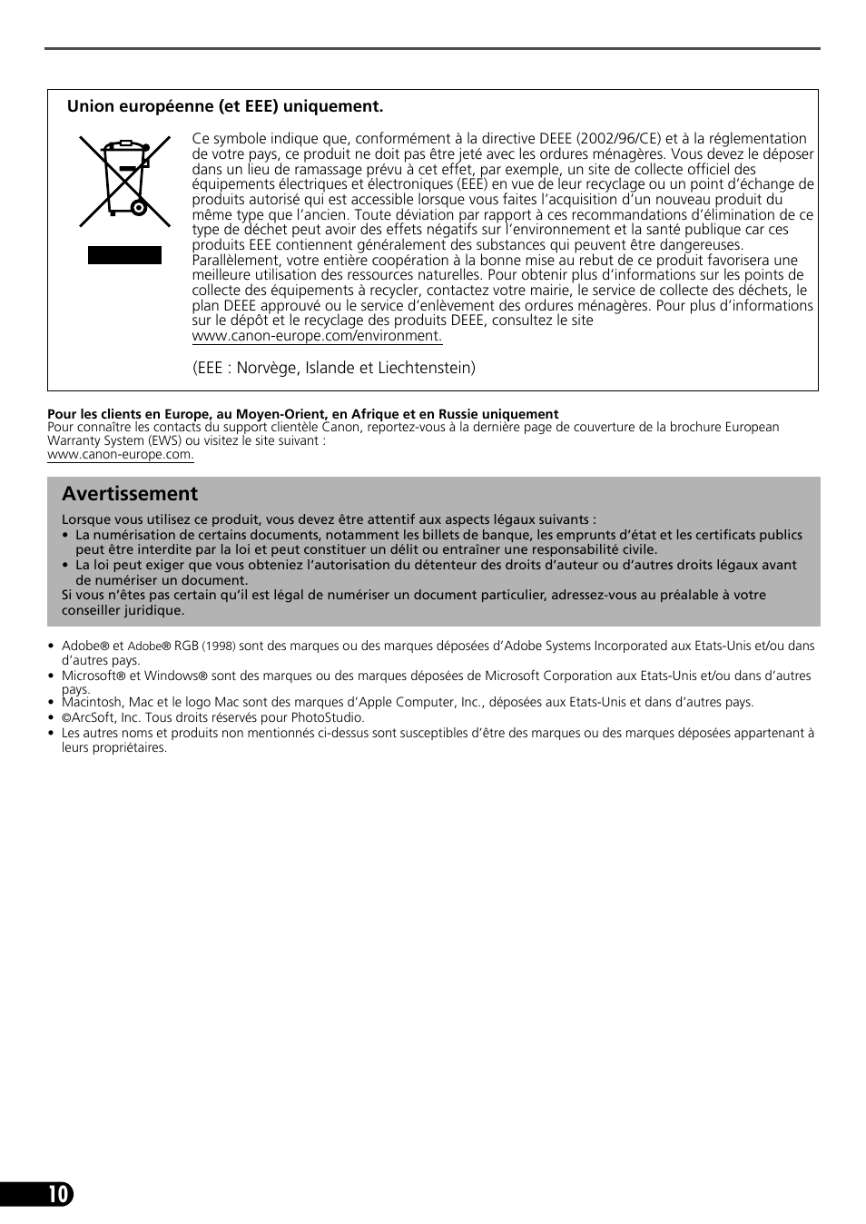 Avertissement | Canon CANOSCAN LIDE 600F User Manual | Page 21 / 73