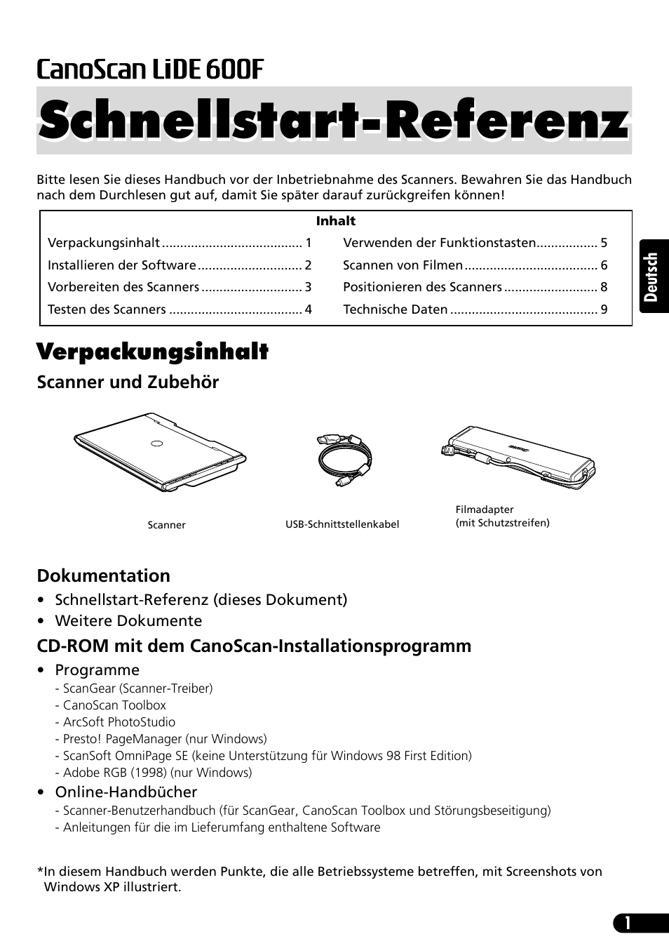 Schnellstart-referenz, Verpackungsinhalt | Canon CANOSCAN LIDE 600F User Manual | Page 22 / 73