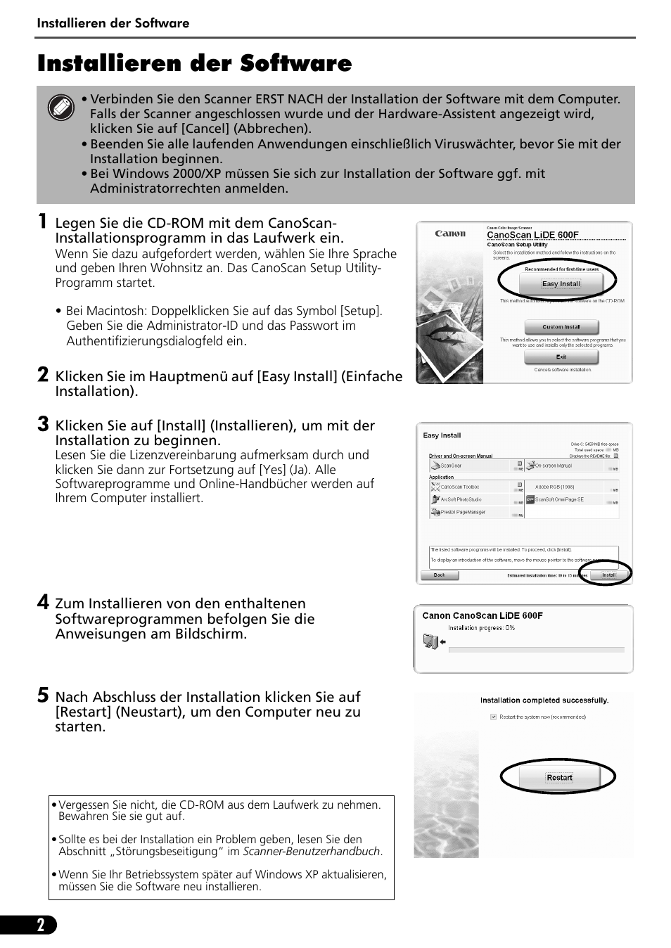 Installieren der software | Canon CANOSCAN LIDE 600F User Manual | Page 23 / 73