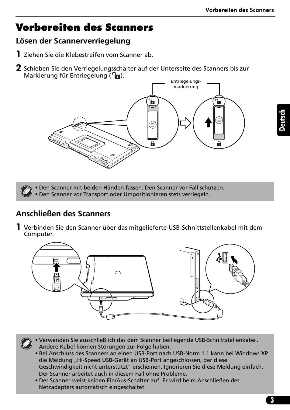 Vorbereiten des scanners, 3deutsch, Lösen der scannerverriegelung | Anschließen des scanners | Canon CANOSCAN LIDE 600F User Manual | Page 24 / 73