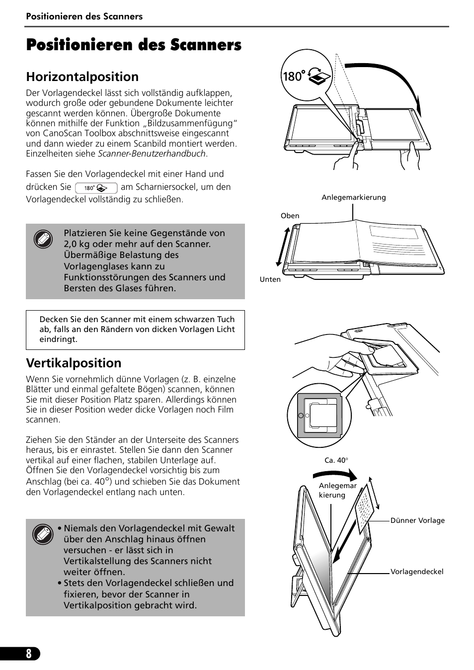 Positionieren des scanners, Horizontalposition, Vertikalposition | Canon CANOSCAN LIDE 600F User Manual | Page 29 / 73