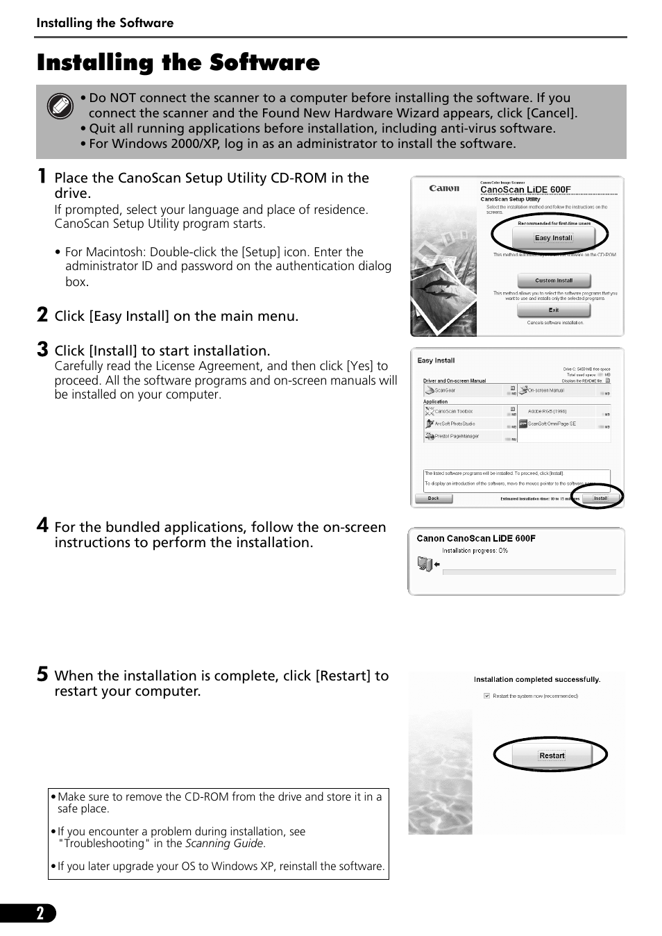 Installing the software | Canon CANOSCAN LIDE 600F User Manual | Page 3 / 73