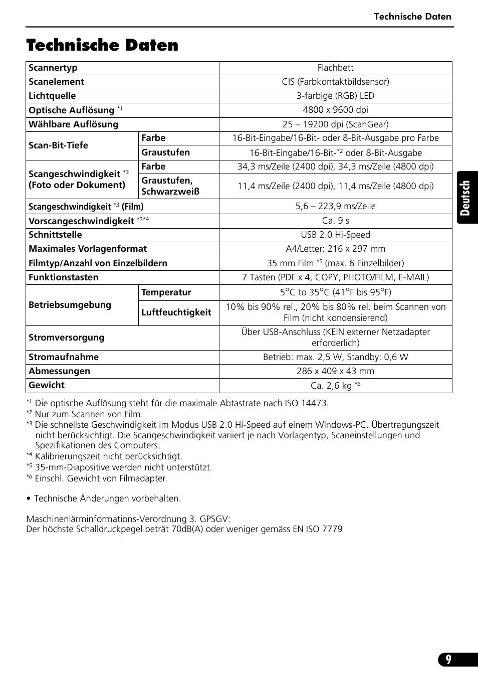 Technische daten, 9deutsch | Canon CANOSCAN LIDE 600F User Manual | Page 30 / 73