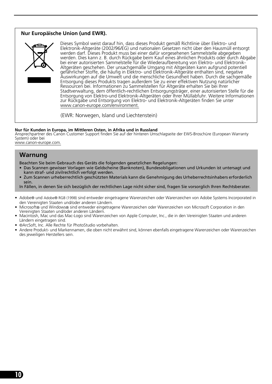 Warnung | Canon CANOSCAN LIDE 600F User Manual | Page 31 / 73