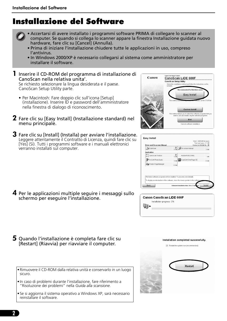 Installazione del software | Canon CANOSCAN LIDE 600F User Manual | Page 33 / 73