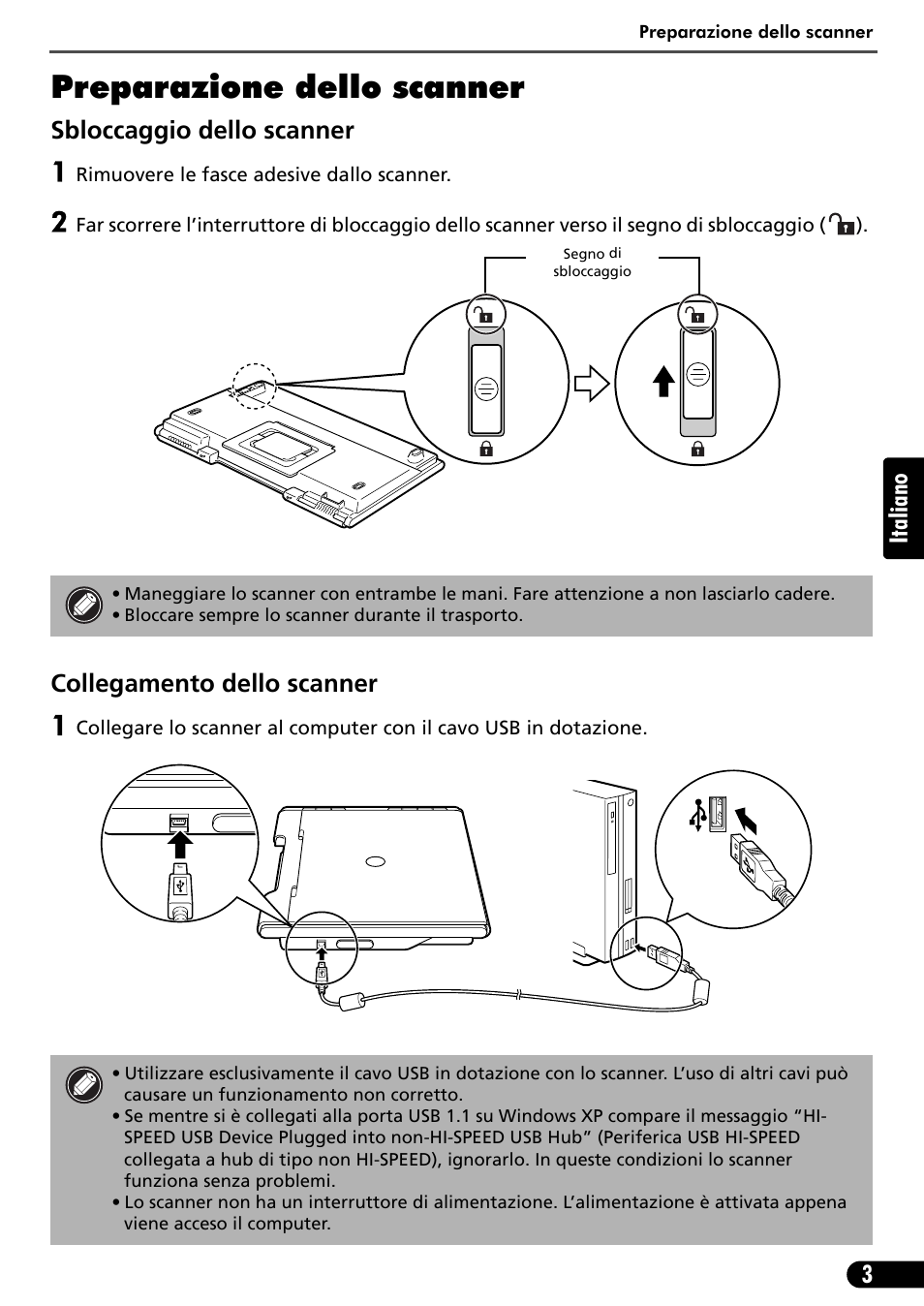 Preparazione dello scanner, 3italiano, Sbloccaggio dello scanner | Collegamento dello scanner | Canon CANOSCAN LIDE 600F User Manual | Page 34 / 73