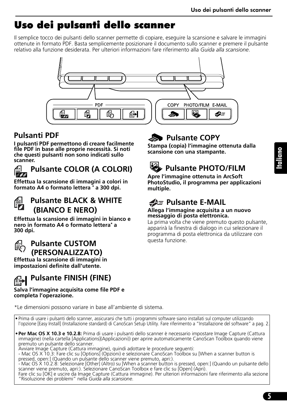 Uso dei pulsanti dello scanner, 5italiano, Pulsanti pdf | Pulsante color (a colori), Pulsante black & white (bianco e nero), Pulsante custom (personalizzato), Pulsante finish (fine), Pulsante copy, Pulsante photo/film, Pulsante e-mail | Canon CANOSCAN LIDE 600F User Manual | Page 36 / 73