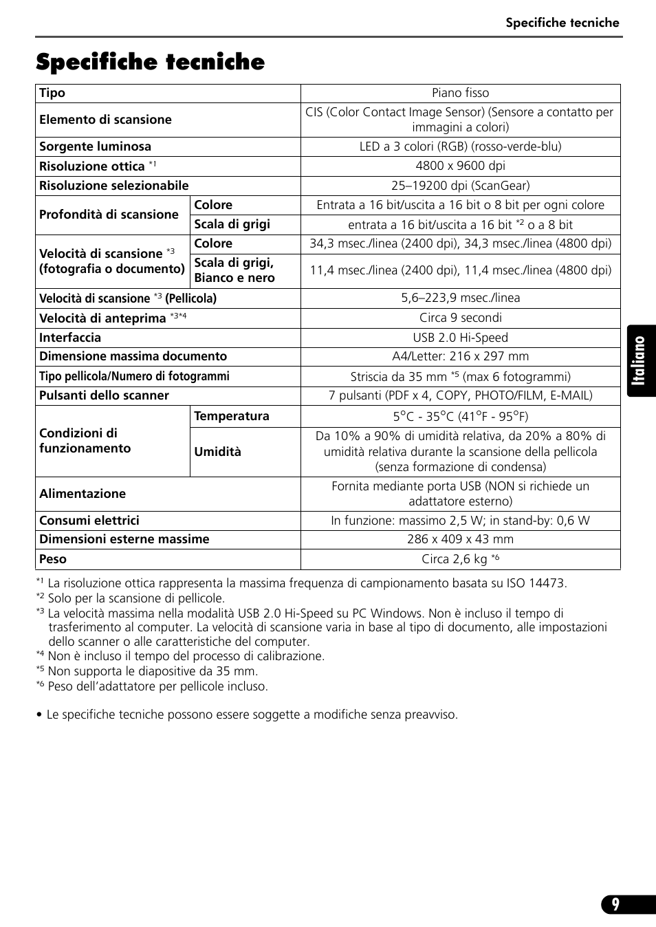 Specifiche tecniche, 9italiano | Canon CANOSCAN LIDE 600F User Manual | Page 40 / 73