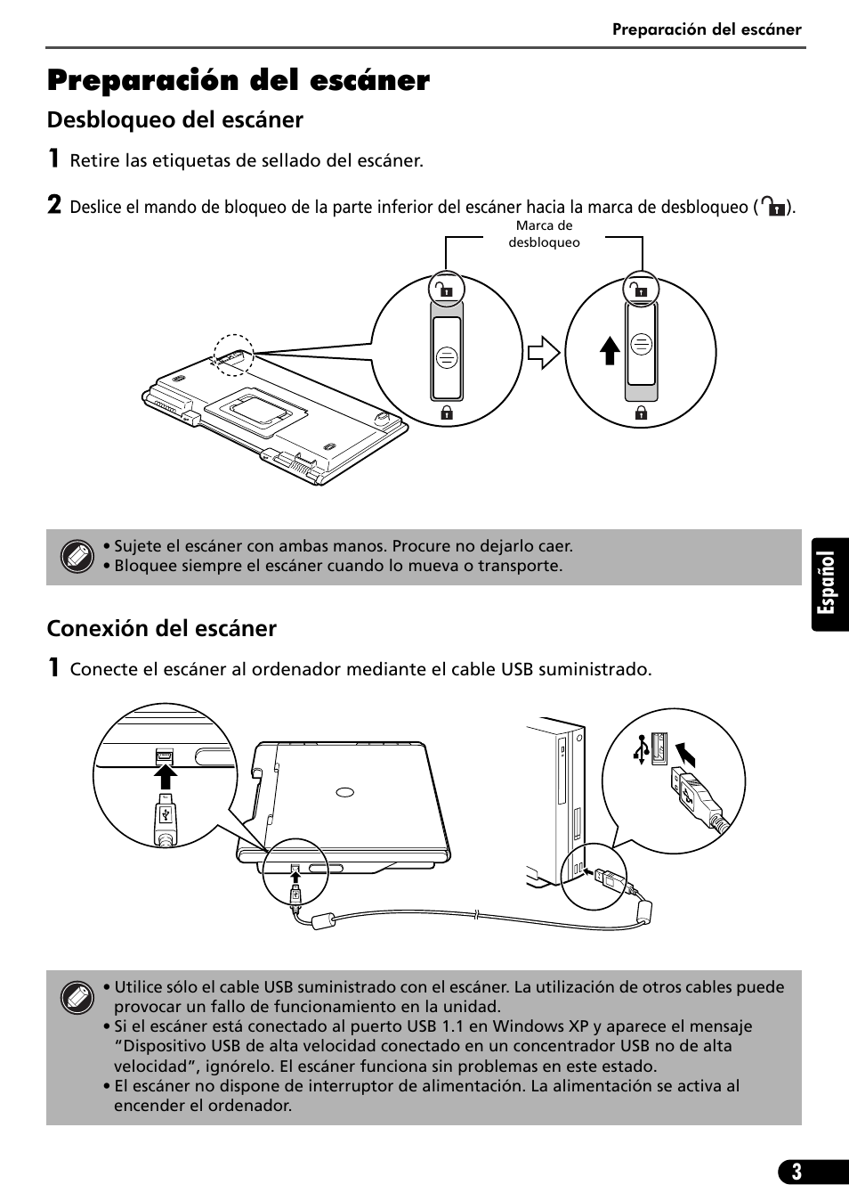 Preparación del escáner, 3español, Desbloqueo del escáner | Conexión del escáner | Canon CANOSCAN LIDE 600F User Manual | Page 44 / 73