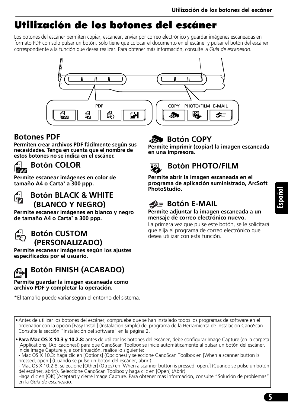 Utilización de los botones del escáner, 5español, Botones pdf | Botón color, Botón black & white (blanco y negro), Botón custom (personalizado), Botón finish (acabado), Botón copy, Botón photo/film, Botón e-mail | Canon CANOSCAN LIDE 600F User Manual | Page 46 / 73