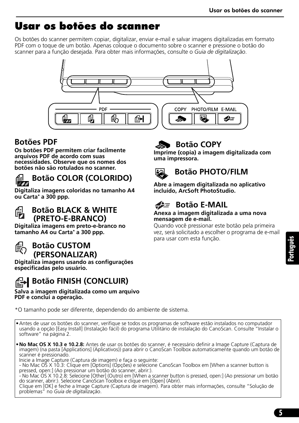 Usar os botões do scanner, 5po rtuguês, Botões pdf | Botão color (colorido), Botão black & white (preto-e-branco), Botão custom (personalizar), Botão finish (concluir), Botão copy, Botão photo/film, Botão e-mail | Canon CANOSCAN LIDE 600F User Manual | Page 56 / 73