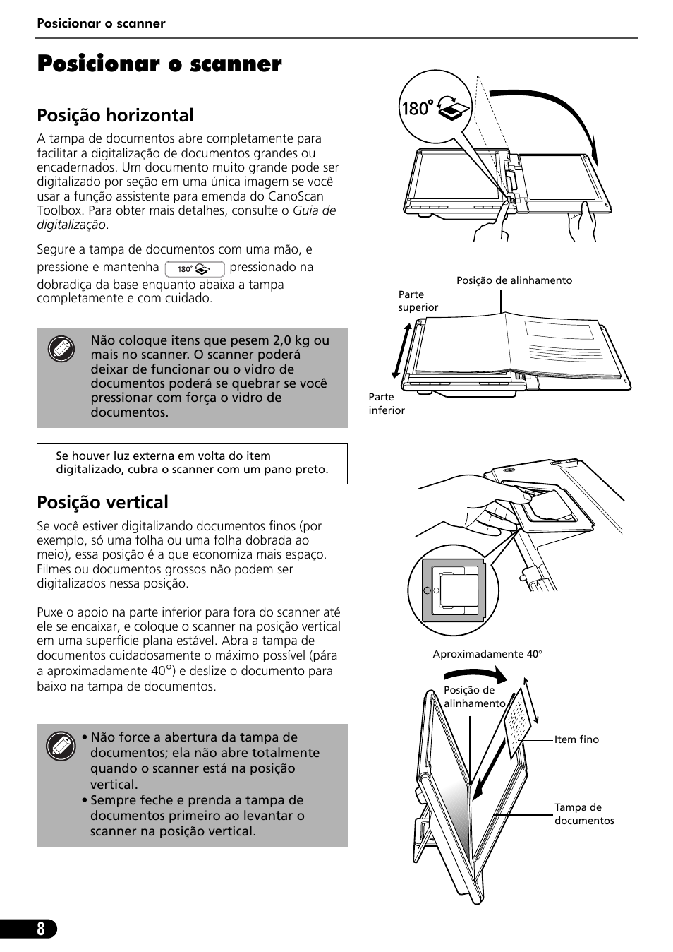 Posicionar o scanner, Posição horizontal, Posição vertical | Canon CANOSCAN LIDE 600F User Manual | Page 59 / 73