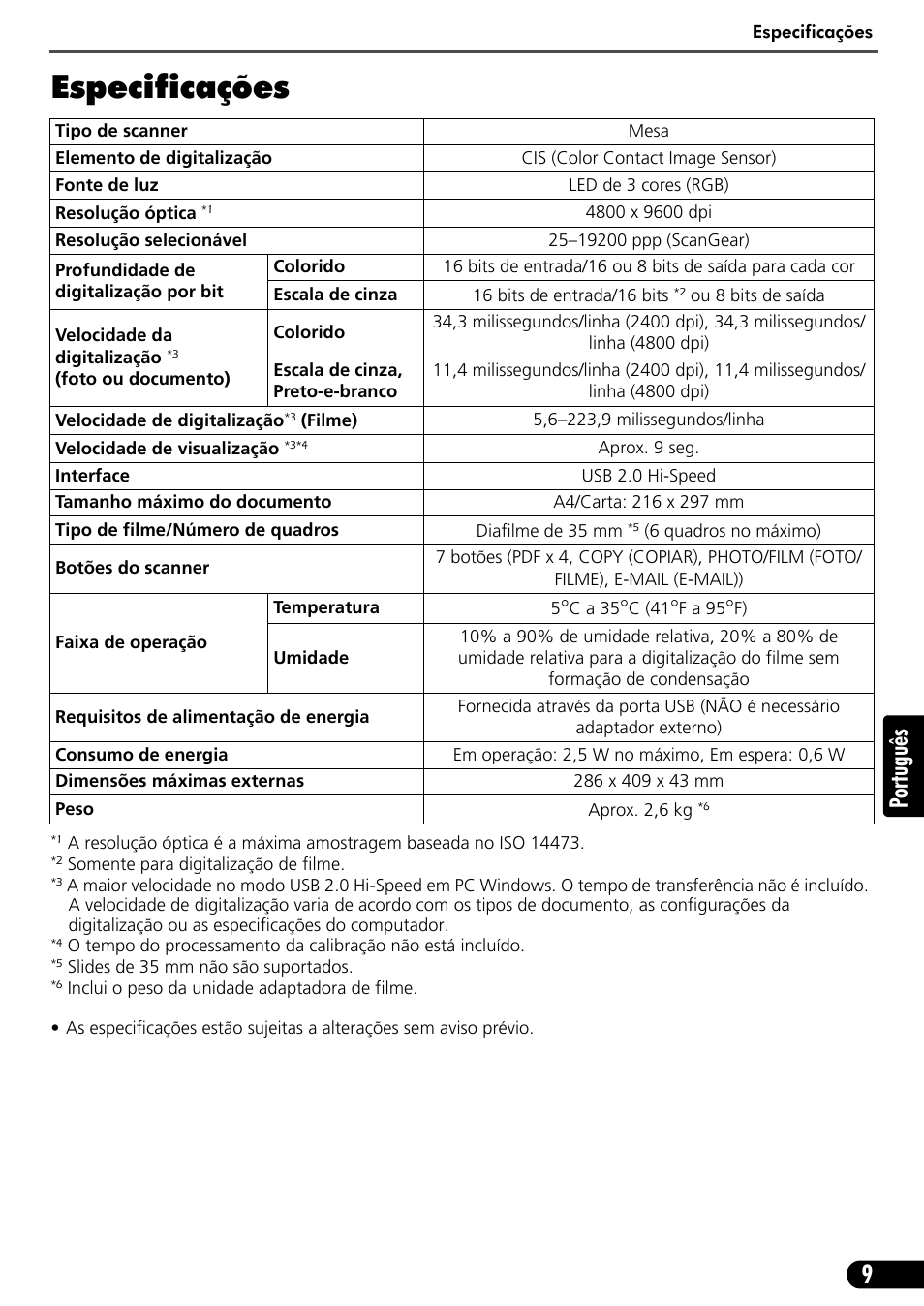 Especificações, 9po rtuguês | Canon CANOSCAN LIDE 600F User Manual | Page 60 / 73