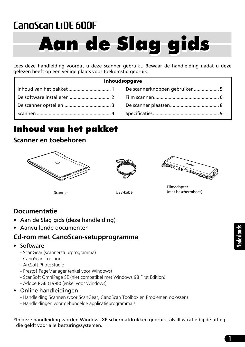 Aan de slag gids, Inhoud van het pakket | Canon CANOSCAN LIDE 600F User Manual | Page 62 / 73