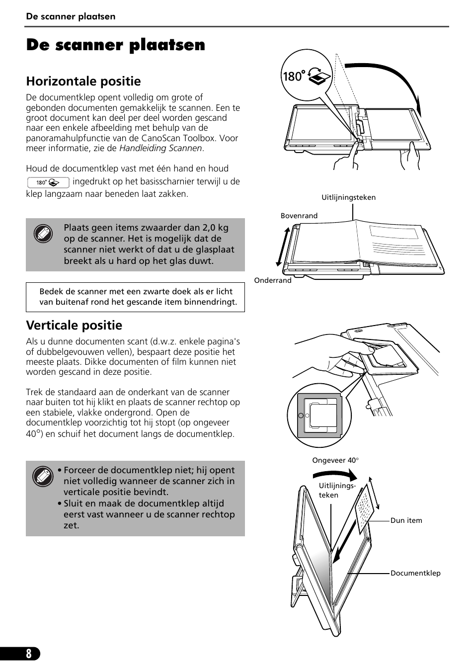 De scanner plaatsen, Horizontale positie, Verticale positie | Canon CANOSCAN LIDE 600F User Manual | Page 69 / 73