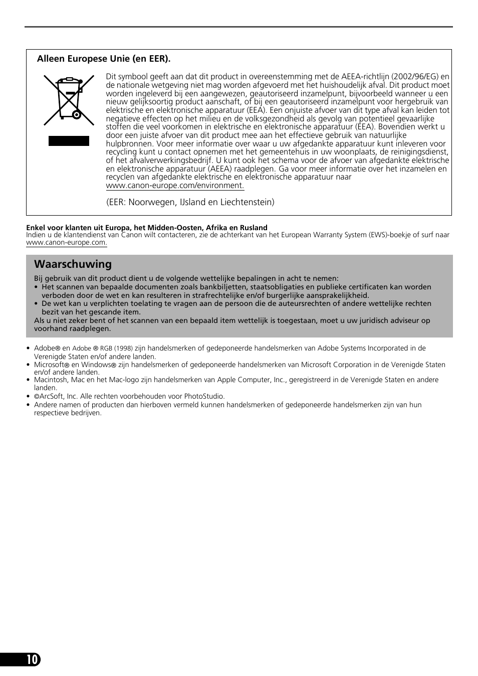 Waarschuwing | Canon CANOSCAN LIDE 600F User Manual | Page 71 / 73