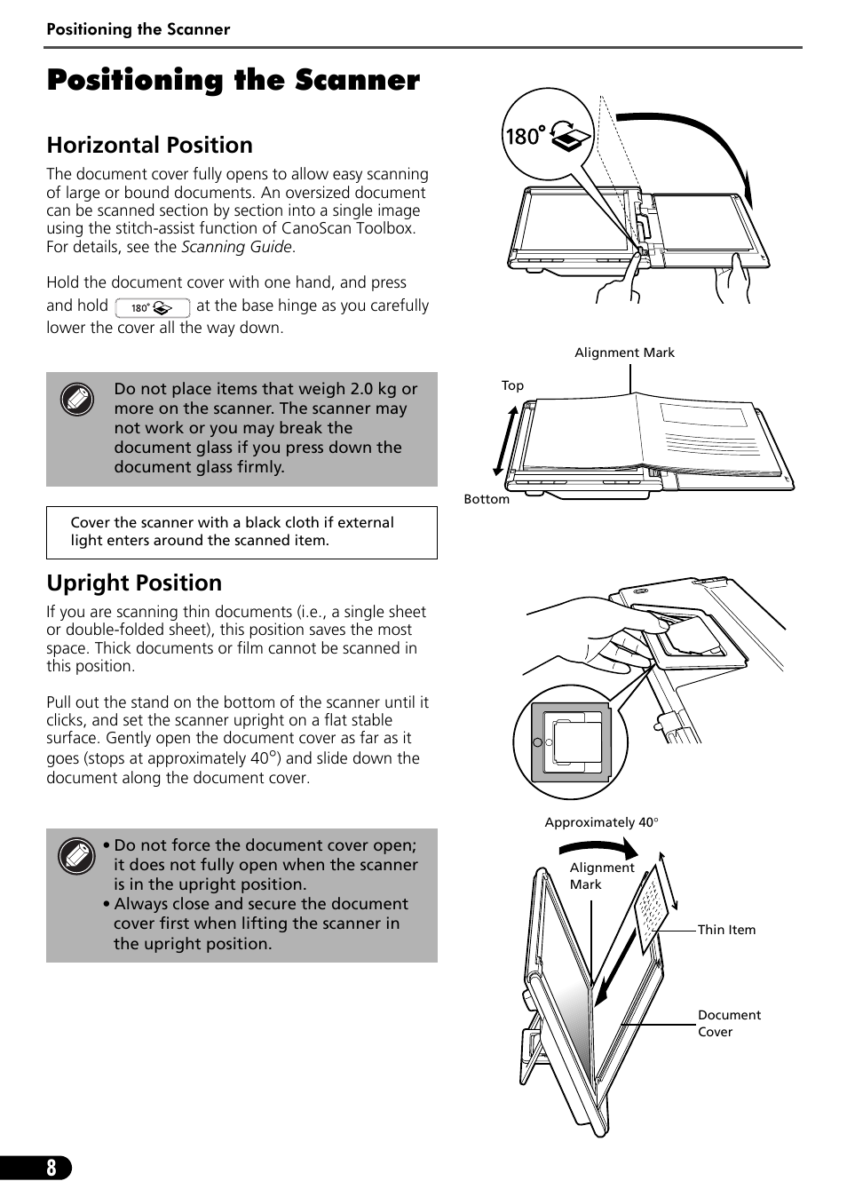 Positioning the scanner, Horizontal position, Upright position | Canon CANOSCAN LIDE 600F User Manual | Page 9 / 73